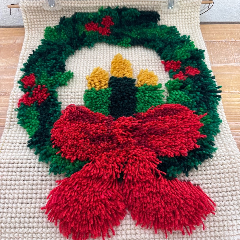 Vintage Wreath/Candle Hand Hooked Christmas Handmade Latch Hook Wall Hanging